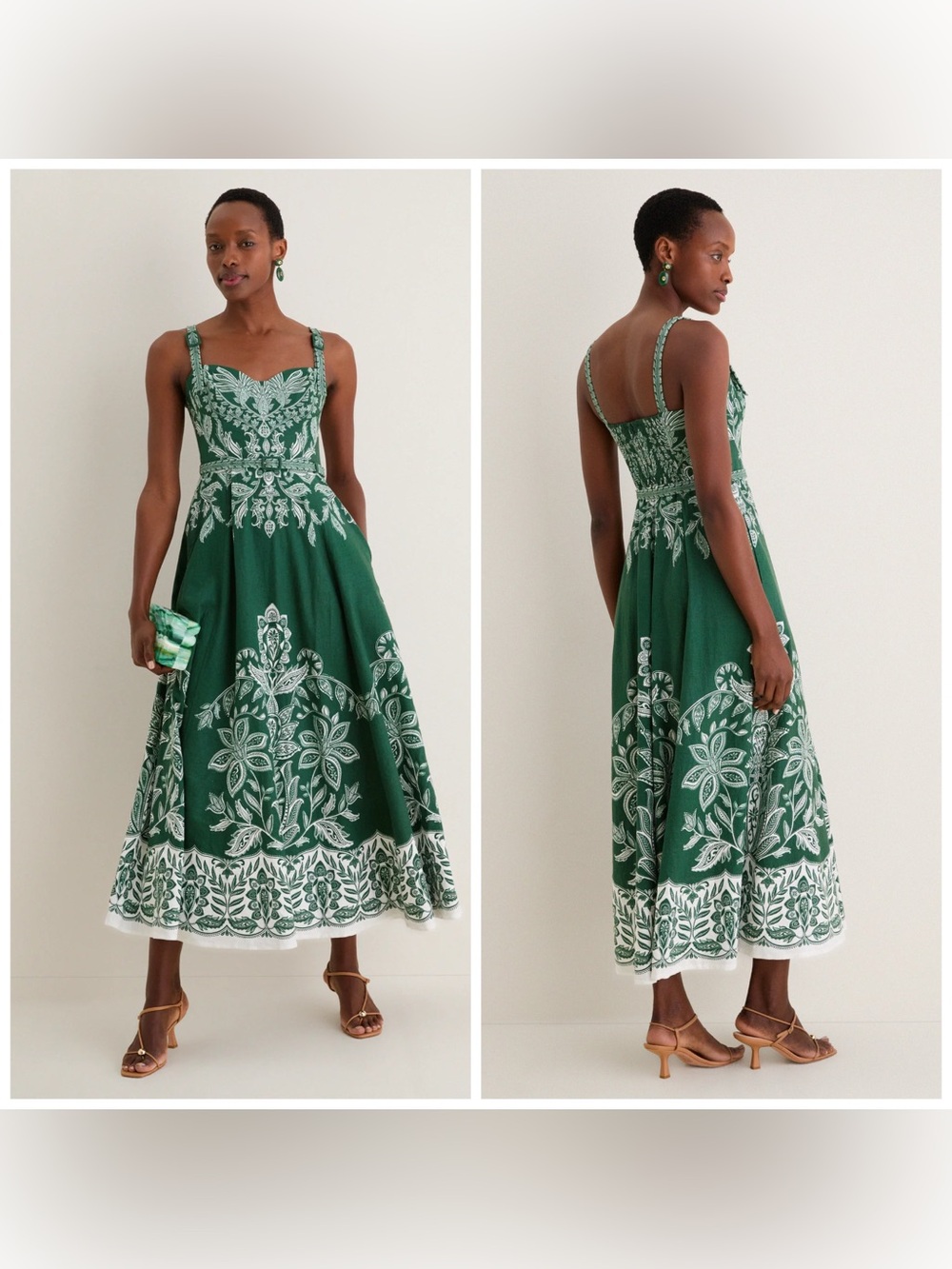 Farm Rio Dark Green Miranda Buckles Maxi‎ Dress Linen Blend Large Paisley Foral
